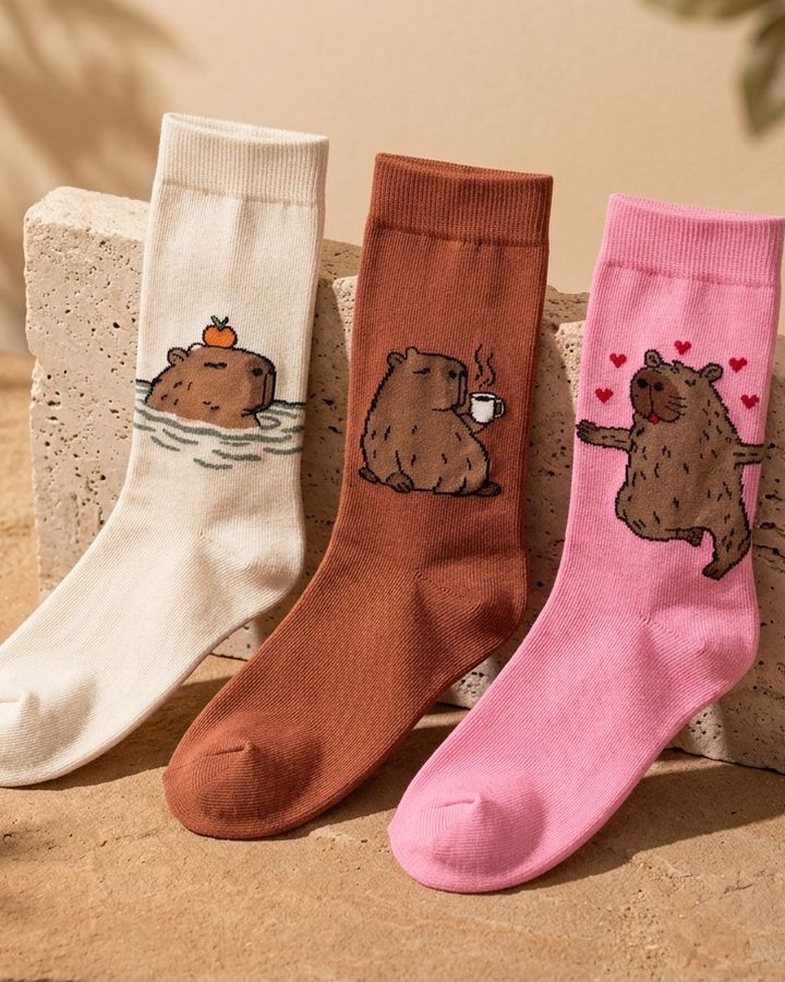 Meias divertidas com estampa de capivara em creme, terracota e rosa