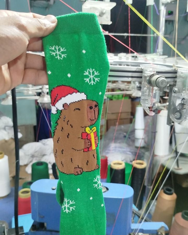 Meia verde de Natal com capivara de gorro na fábrica